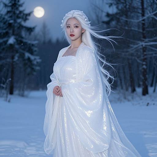 Photograph of a pale-skinned woman with long white hair, wearing a glowing, silver-sequined white dress and a floral headpiece, standing