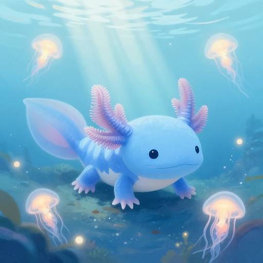 Digital illustration of a cute, blue, finned aquatic creature with pink frills, surrounded by glowing jellyfish in a vibrant underwater scene.