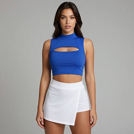 Photograph of a young woman with long black hair, wearing a blue sleeveless crop top with a cutout, and a white high-waisted