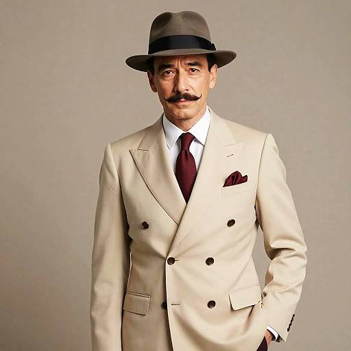 Photograph of a suave man with olive skin, dark mustache, brown hat, beige double-breasted suit, red tie, and pocket square