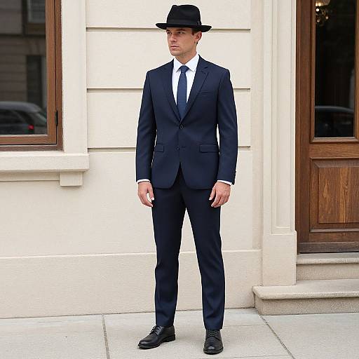 Photograph of a tall, slim man in a black suit, white shirt, black tie, and black fedora, standing on a city sidewalk.