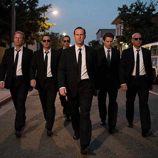 Photograph of five tall, handsome men in black suits, white shirts, black ties, and sunglasses, walking in a street at dusk.
