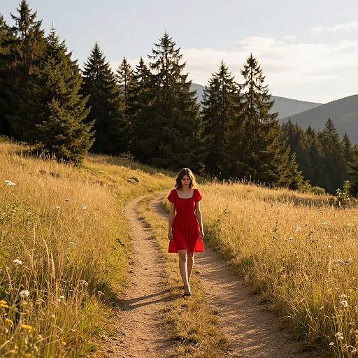 Photograph of a woman in a red dress walking down a sunlit, grassy path through a forested mountain meadow, with tall pine trees