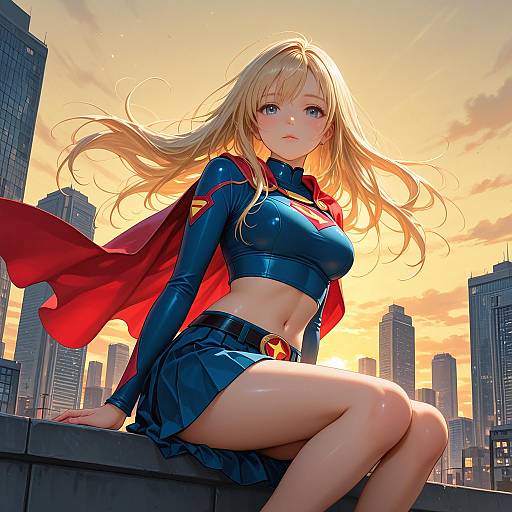 Blonde Superheroine Sitting at Sunset