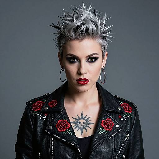 Photograph of a pale-skinned woman with spiked silver hair, black leather jacket with red roses, sun tattoo, hoop earrings, and red lipstick,