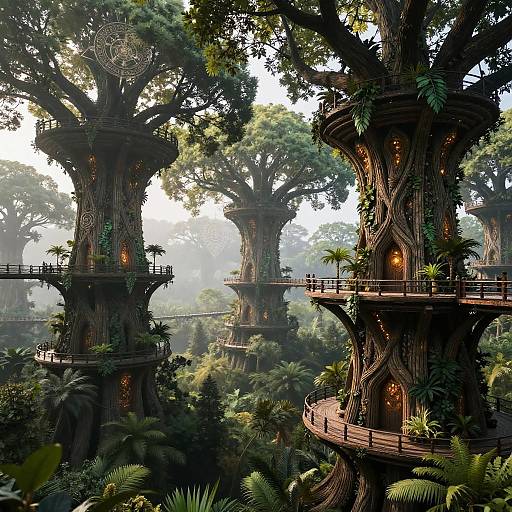 Fantasy CGI image of towering, intricately carved treehouses with glowing windows, surrounded by lush greenery and dense fog in a mystical forest.
