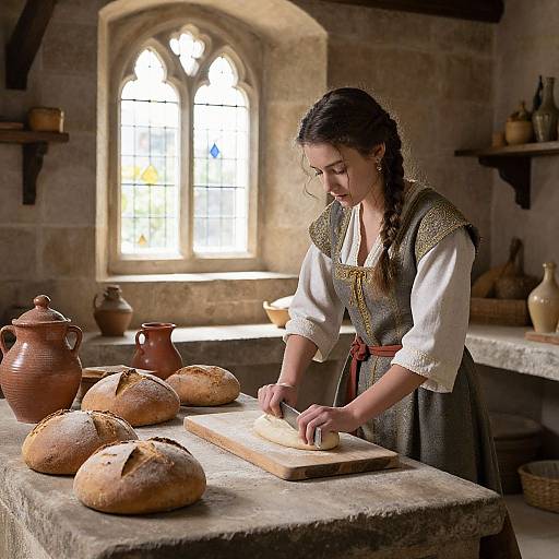 Medieval Woman Baking Bread Scene