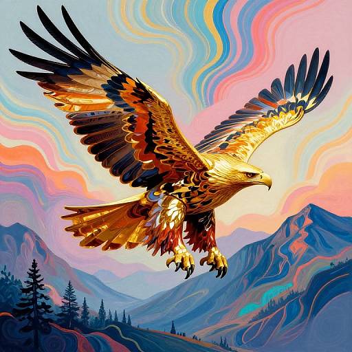 Digital illustration of a majestic golden eagle with vibrant, multicolored feathers soaring over colorful, swirling mountains and trees.
