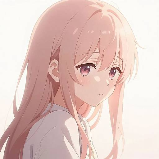 Digital anime-style drawing of a young girl with long, pinkish-blonde hair, large purple eyes, and a white shirt, looking wist