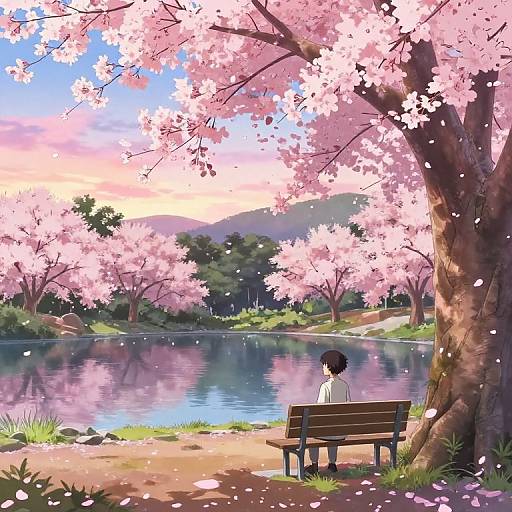Digital anime-style illustration of a person with black hair, wearing a white shirt, sitting on a bench under cherry blossoms, overlooking a tranquil lake at