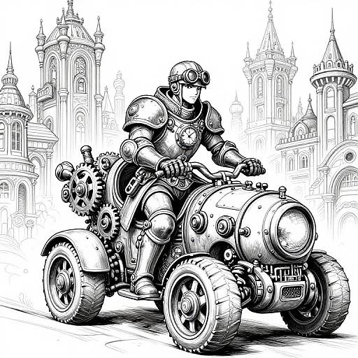 Black-and-white ink drawing of a steampunk robotic rider on a vintage, gear-driven motorcycle, set against a detailed, medieval-style cityscape.