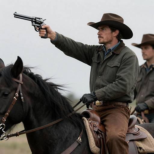 Cowboy Aiming Revolver on Horseback