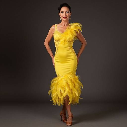 Photograph of a confident woman in a vibrant yellow, feather-trimmed, form-fitting dress, standing against a dark gray background, with hands