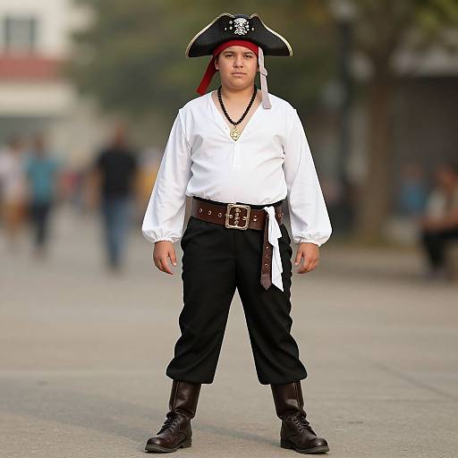Photograph of a young man dressed as a pirate, standing confidently in a street parade. He wears a black tricorn hat, white shirt, black