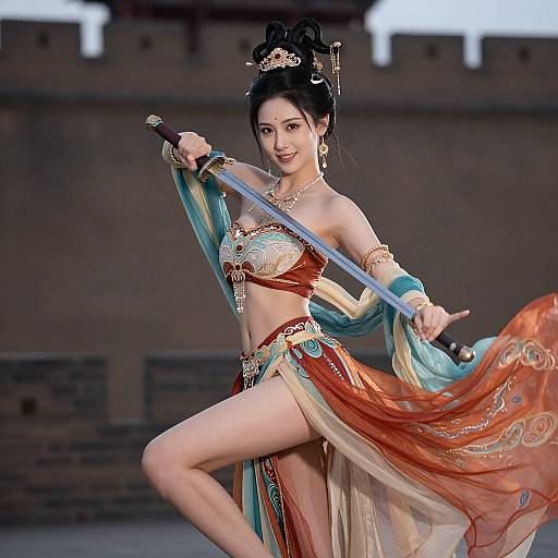 Photograph of an Asian woman in an ornate, colorful warrior outfit with a sword, standing confidently in front of a castle wall.