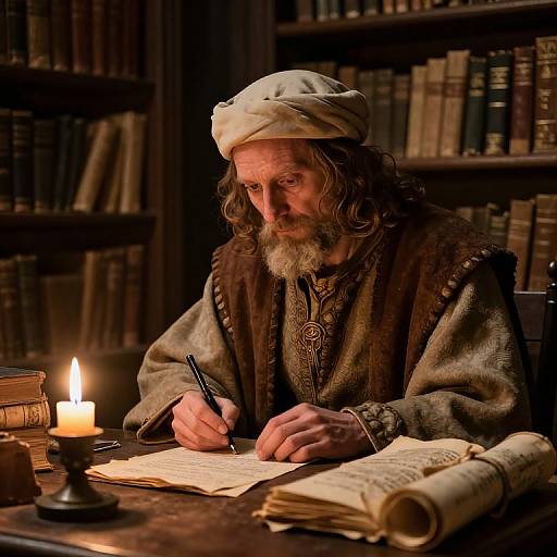 Medieval Scholar in Candlelit Library