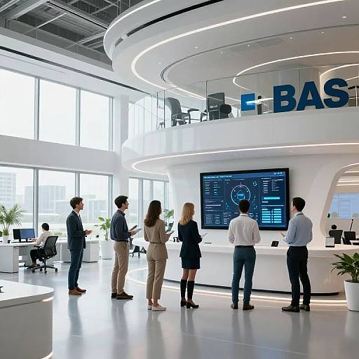 Photograph of modern office with large windows, white curved walls, and blue 