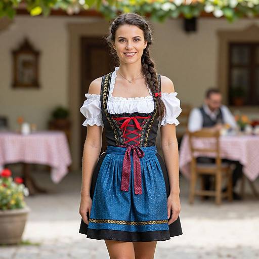 Photograph of a smiling woman in traditional Bavarian dirndl: blue skirt, black bodice, white blouse, red ribbon, braided hair,