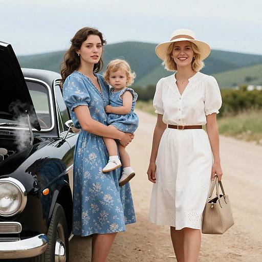 Serene Family Scene by Vintage Car