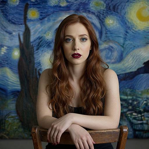 Photograph of a fair-skinned, red-haired woman with long wavy hair, dark red lipstick, and blue eyes, sitting on a wooden chair
