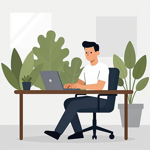 Illustration of a man with black hair, white shirt, and blue pants, sitting at a desk with plants, typing on a laptop.