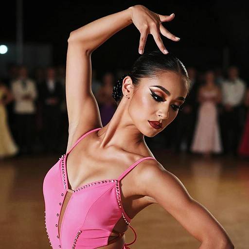 Photograph of an elegant dancer with dark hair in a sleek bun, wearing a pink, studded, low-cut dress, striking a dynamic pose under