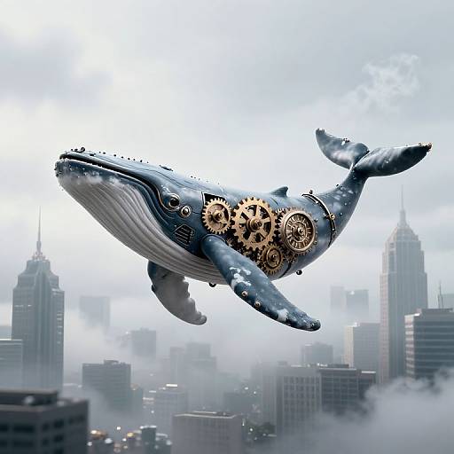 Digital artwork of a steampunk blue whale with exposed brass gears flying over a foggy, skyscraper-filled cityscape.