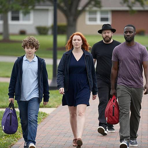 Four People Walking in a Suburban Park