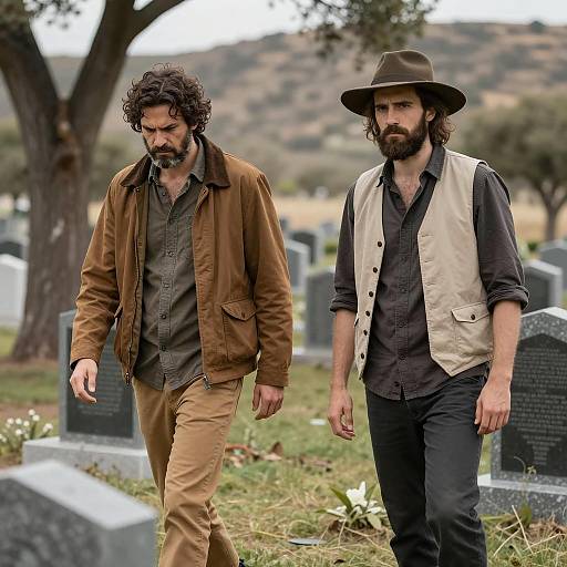 Two Men Walking in Cemetery