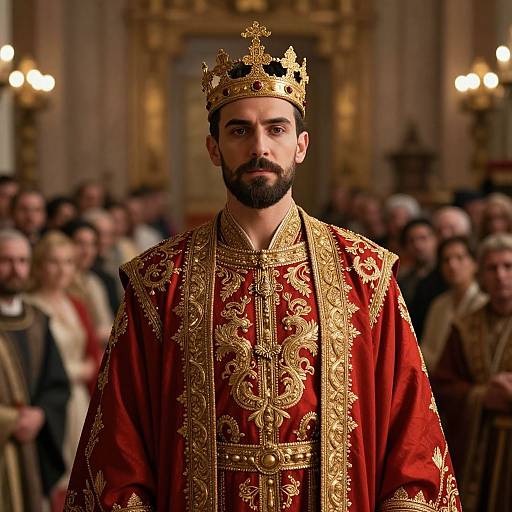 Photograph of a bearded, dark-haired king in an ornate, gold-embroidered red robe and gold crown, standing in a grand