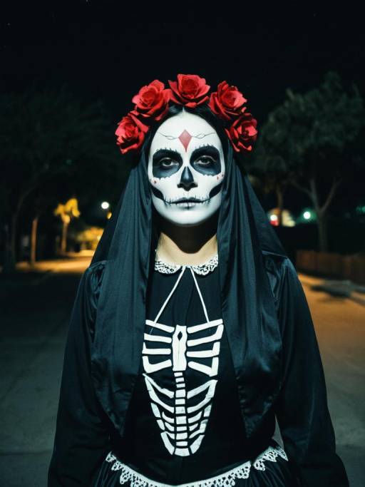 Woman in La Muerte Costume at Night