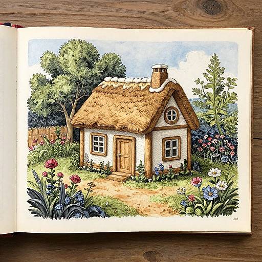 Colorful, detailed drawing of a charming, thatched cottage with a chimney, surrounded by vibrant flowers and lush greenery, on a wooden table.