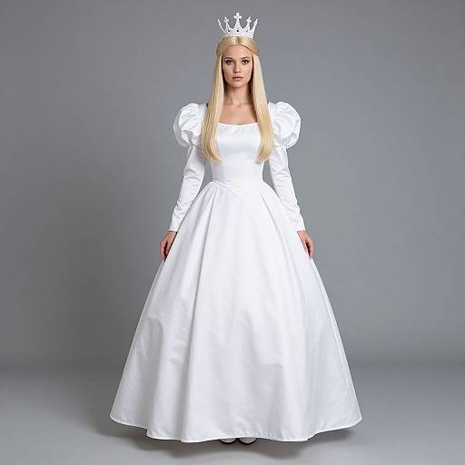 Photograph of a blonde woman with a white crown, wearing a puffy-sleeved, full-length white satin gown, standing against a gray background