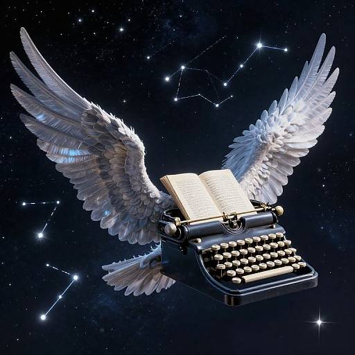 Digital illustration of a glowing typewriter with white angel wings, flying in a starry night sky with constellation patterns.