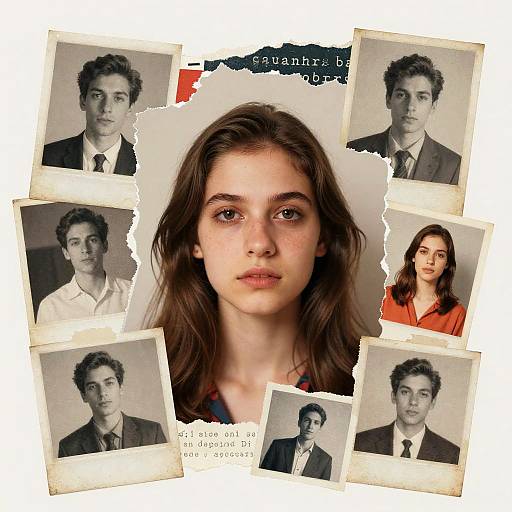 Photograph collage: Central color portrait of a young woman with brown hair, surrounded by six black-and-white photos of a young man with curly hair in