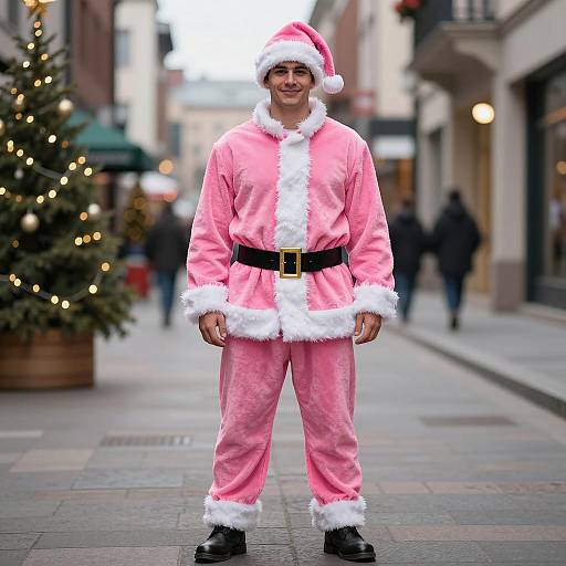 Man in Pink Santa Suit on City Street