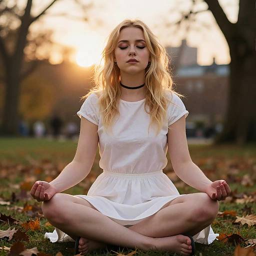 Young Woman Meditating in Park at Sunrise