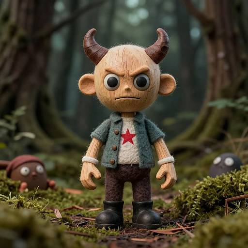 Photograph of a small, plush doll with bald head, brown horns, angry expression, red star shirt, blue jacket, standing in a mossy