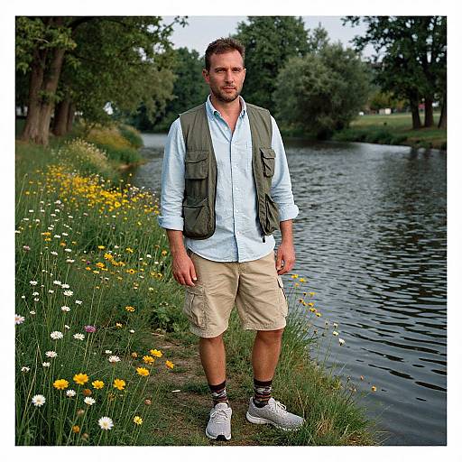 Photograph of a bearded man with short brown hair, wearing a light blue shirt, olive vest, beige shorts, and gray sneakers, standing by