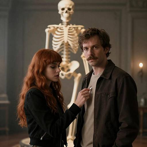 Couple Beside Illuminated Skeletal Statue