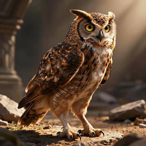 Photorealistic digital artwork of a detailed brown owl with intense yellow eyes, standing on a sunlit, rocky, ancient ruin ground.