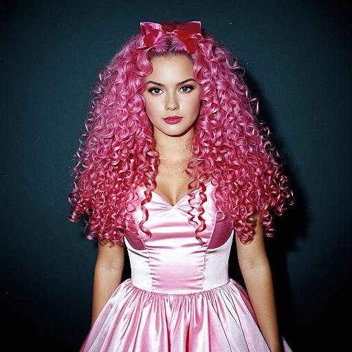 Woman in Pink Dress with Curly Pink Hair