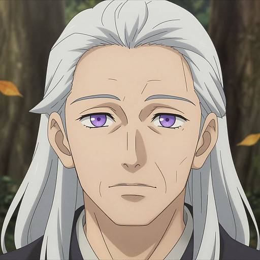 Anime-style digital drawing of a serious-looking man with long white hair, purple eyes, and fair skin, set against a forest background.