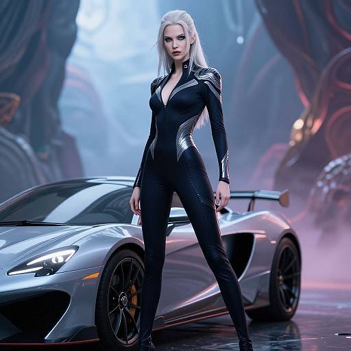 CGI image of a confident, white-haired woman in a sleek, black, form-fitting bodysuit standing beside a silver sports car in a