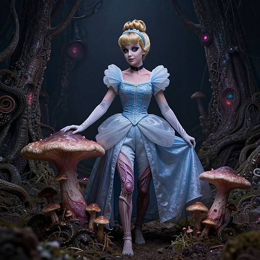 Digital art of a fairytale-inspired woman in a blue ball gown, white gloves, blonde updo, surrounded by glowing mushrooms in a dark,