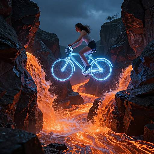 Photograph: Neon-lit bicycle mid-air over fiery, rocky gorge with intense orange lava and dark, stormy sky; rider in white shirt,