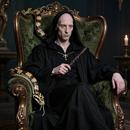 Photograph of a pale, solemn man in a black hooded robe, holding a staff, seated on an ornate green velvet throne, dark room