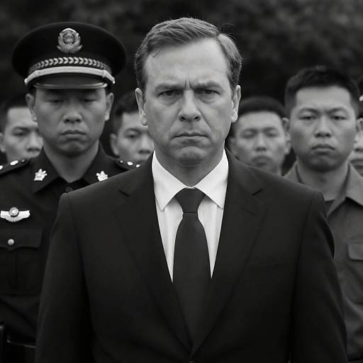 Stern Man with Chinese Police and Men in Black and White