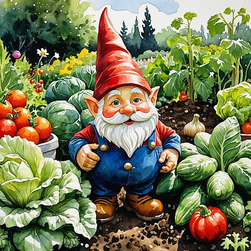 Charming Garden Gnome in Vegetable Garden