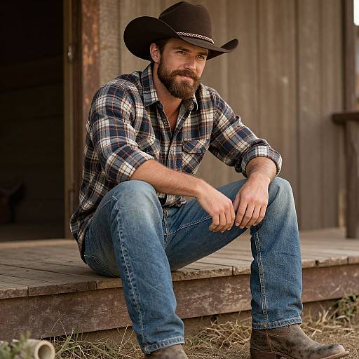 Photograph of a bearded man in a black cowboy hat, blue plaid shirt, and jeans, sitting on a wooden porch steps.